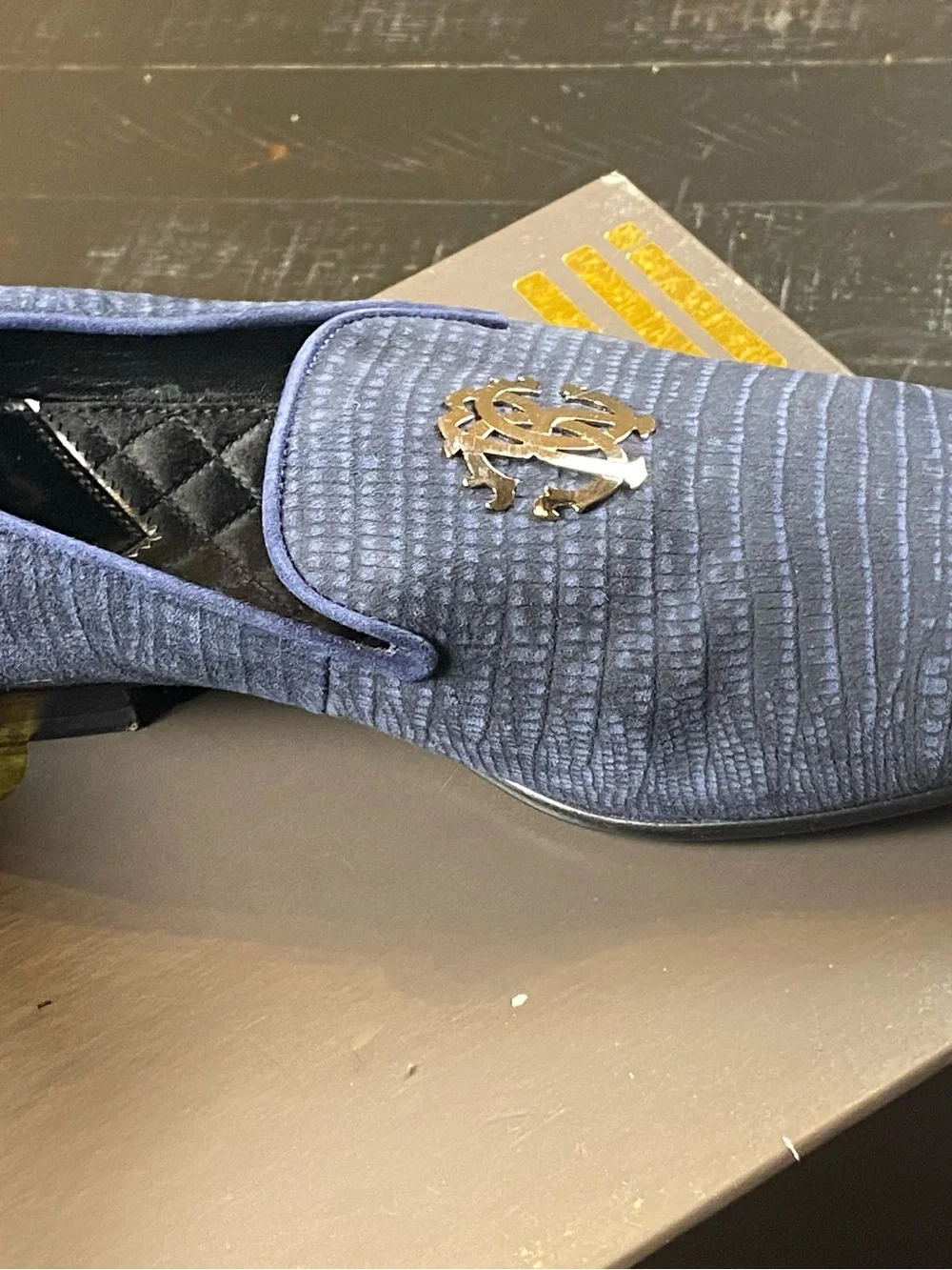 Roberto Cavalli Navy Textured Velvet Slip-On Loafers with Metallic Crest.